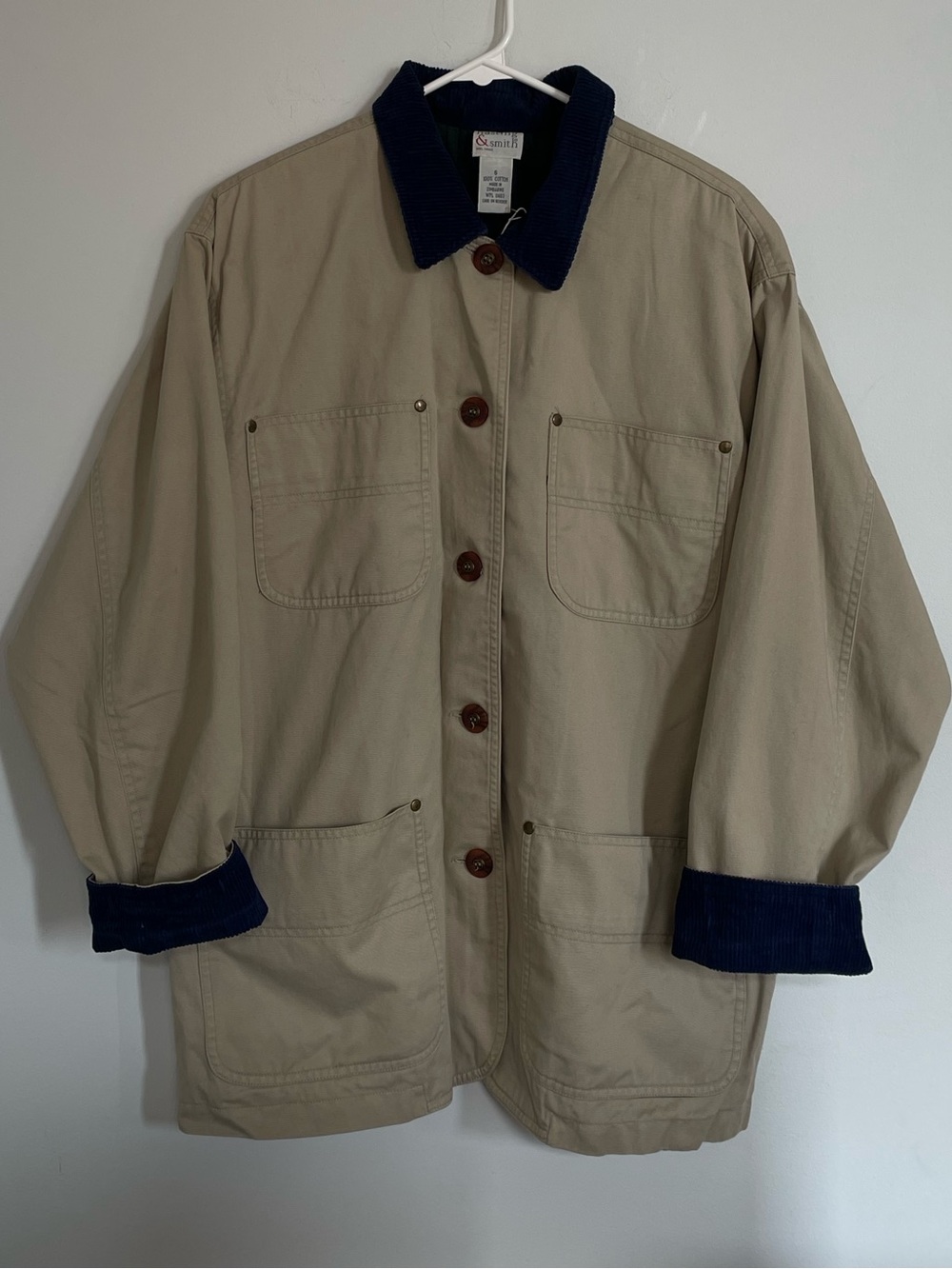 Unbranded Men's Beige Chore Jacket with Navy Corduroy Collar